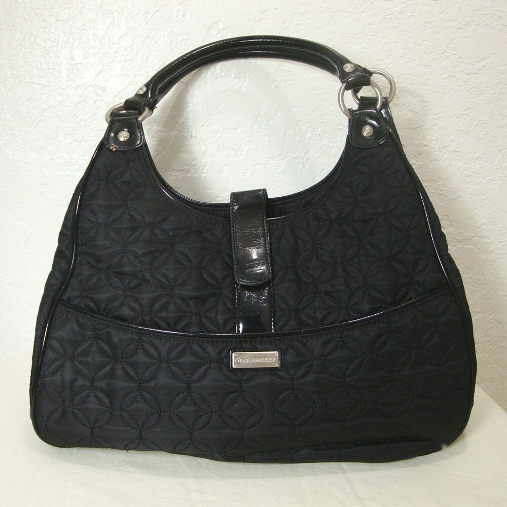 Vera Bradley Black Nylon Shoulder Bag Large Quilted Faux Leather Trim Purse